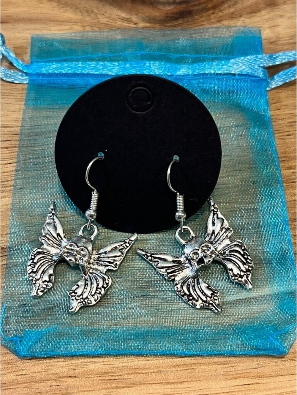 Edgy Skull Butterfly Dangle Earrings - Silver Tone